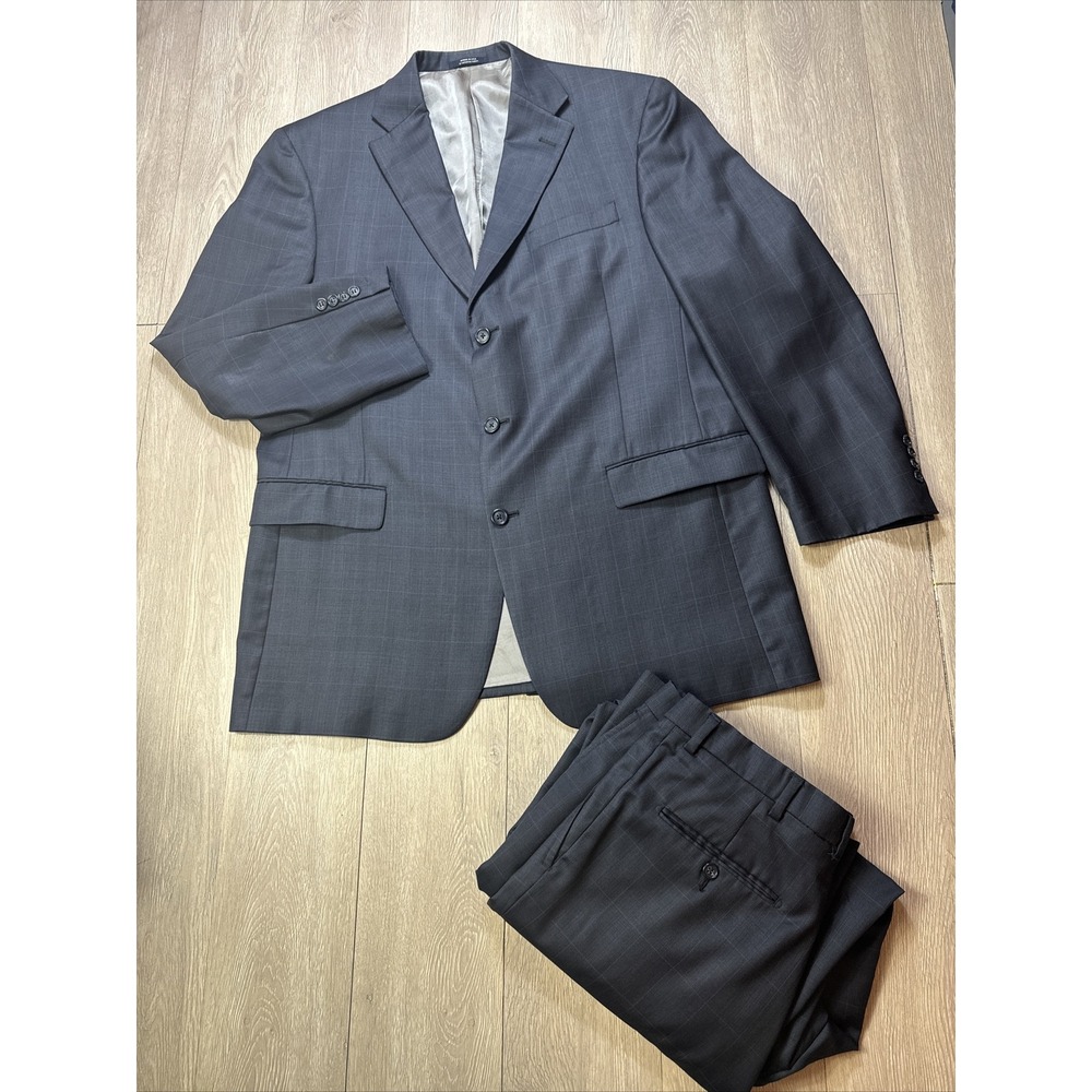 Hart Schaffner Marx Men's Suit Blue Windowpane Checked Classic 44L Long 34x30